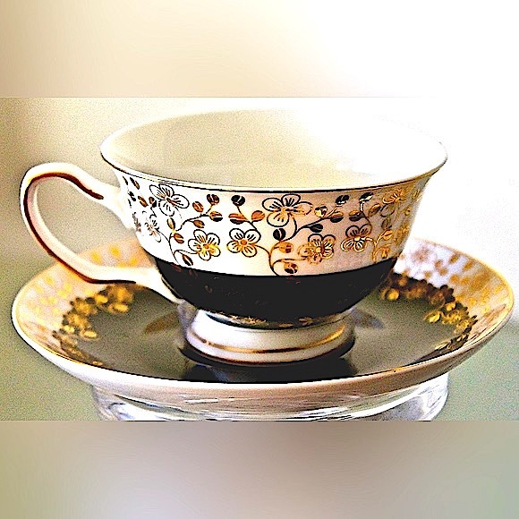 GRACES TEAWARE CUP SAUCER SET BLACK METALLIC GOLD FLORAL NEW PORCELAIN - Picture 3 of 11